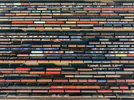 Deutsche Bahn AG marshalling yard. Many goods trains are parked on the tracks with tank wagons, car