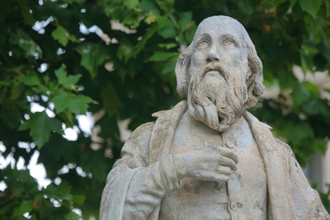 Monument to Michel de Nostradamus, sculpture, stone, detail, head, Salon-de-Provence,