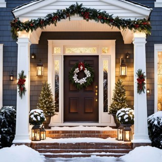 Festive front porch with holiday garlands wrapped around the columns, a wreath hanging on the door,