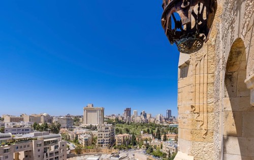 Panoramic skyline view of Jerusalem and arab and jewish neighborhood near historic center