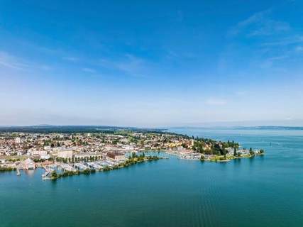 Harbour area, ferry port, yacht harbour, marina of Romanshorn with lake park, aerial view, Lake
