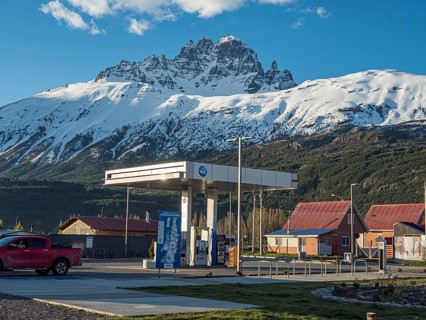 Gas station, Carretera Austral at Villa Cerro Castillo, snowcapped Mt .Cerro Castillo, Patagonia,