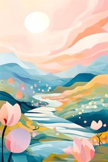 Easter-themed abstract landscape with fluid, flowing lines representing hills, flowers, and hidden