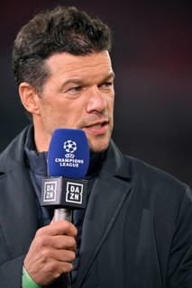 TV expert Michael Ballack portrait, in interview, microphone, mike, logo, DAZN, Champions League,
