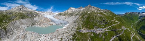 Rhone glacier, valley glacier in the headwaters of the Rhone in the Swiss Alps. Melting glacier,