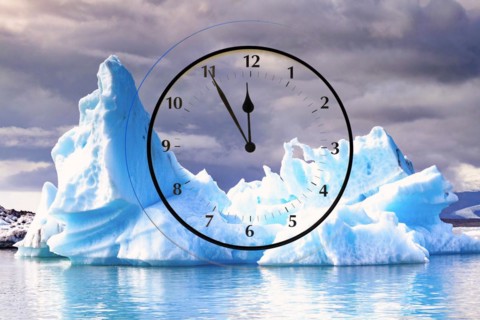 Symbol photo, iceberg, glacier melt, climate change, environmental protection, threat, clock, time,