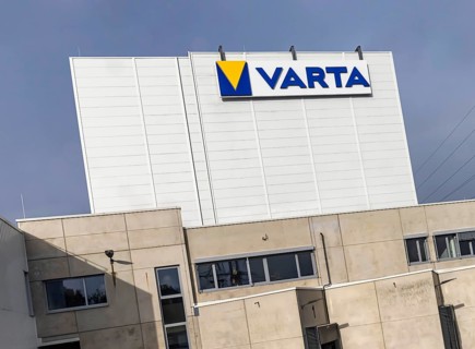 Varta, plant for the production of batteries, electromobility. Logo on the factory building.