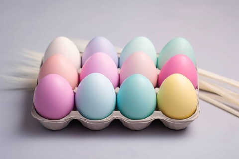 Pastel colored Easter eggs in egg box. KI generiert, generiert AI generated