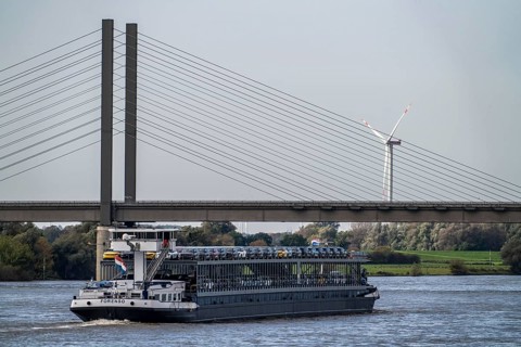 Car transporter Freighter Forenso, on the Rhine near Rees, brings Ford Explorer e-cars from the