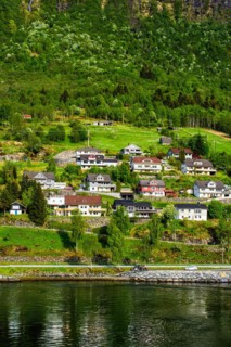 Mountains and Fiord over Norwegian Village, Olden, Innvikfjorden, Norway, Europe