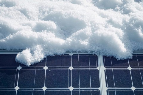 Close up of snow on photovoltaic solar cells. Concept for problem with solar energy during winter