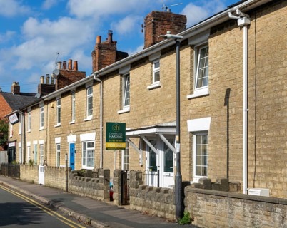 Historic terraced housing For Sale estate agent sign, Prospect Place, Old Town, Swindon, Wiltshire,
