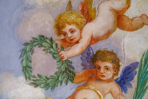 Putti with wreaths, fresco details, St Kilian, Bad Heilbrunn, Upper Bavaria, Germany, Europe