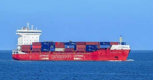 LNG-powered container ship, containership Containerships Aurora, sailing under the flag of Cyprus,