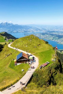 View from Mount Rigi to the city of Lucerne, Lake Lucerne and Pilatus Alps mountains in Rigi,