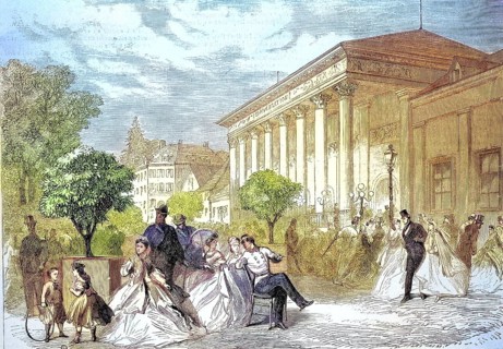 Noble people in front of the spa hotel of Baden-Baden, 1869, Germany, Historic, digitally restored
