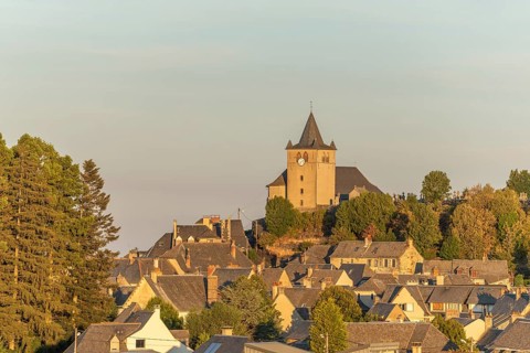 Small Saint-Matthieu church on hill of village of Laguiole. Aubrac, France, Europe