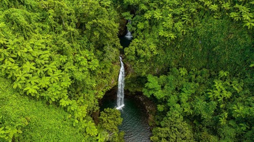Aerial of the Tavoro Falls, Bouma National Park, Taveuni, Fiji, South Pacific, Oceania
