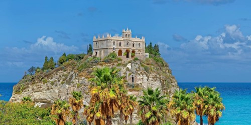 Medieval church Santuario di Santa Maria dell Isola di Tropea built on a rock of sandstone with