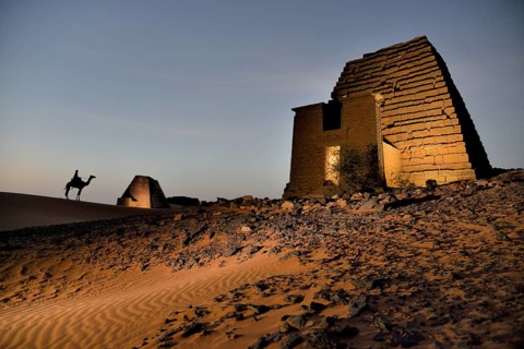 Pyramid of the northern cemetery of Meroe in the evening, Black Pharaohs, Nubia, Nahr an-Nil,