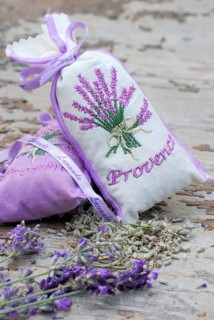Lavender scented bags (Lavandula angustifolia) and lavender flowers, Provence, South of France,