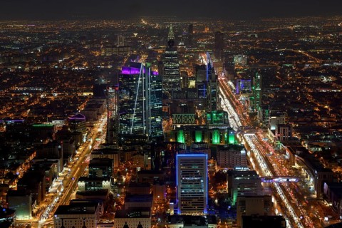 Panoramic view from the Sky Bridge at night, Kingdom Center, Riyadh, Saudi Arabia, Asia