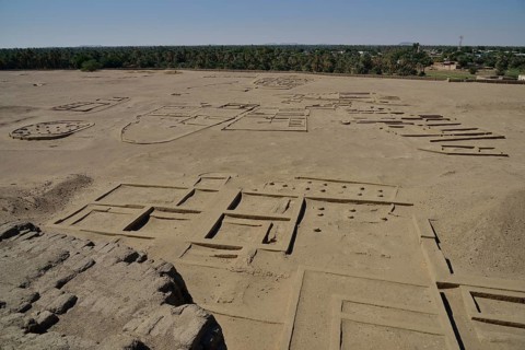 View from the Deffufa, 19-meter-high brick building, ancient city of Kerma, Northern state, Nubia,