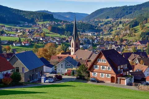 View of Baiersbronn with St. Mary's Church, Freudenstadt district, Black Forest, Baden-Württemberg,