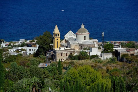 View to the village Stromboli with church San Vincenzo, island Stromboli, Liparic Islands, Italy,