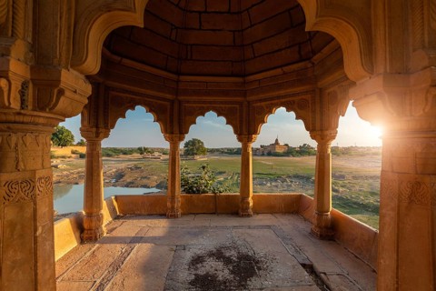 Decorated pavillion at Amar Sagar lake, Jaisalmer, Rajasthan, India, Asia