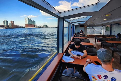 Harbour ferry on the Norderelbe with view of the Elbe Philharmonic Hall, Hamburg, Germany, Europe