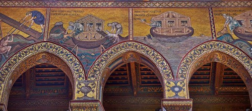 South wall mosaics depicting the bibliacl story of Noah in the Norman-Byzantine medieval cathedral