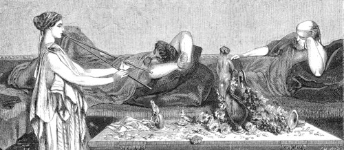 Siesta, sleeping men and a servant with a flute, 1869, Greece, Historic, digitally restored