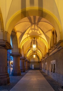 Arcades of New Town Hall building by night, Untermarkt, Görlitz, Goerlitz, Germany, Europe