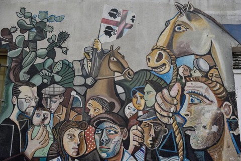 Political mural, artist Francesco del Casino, cubism, Orgòsolo, Province of Nuoro, Sardinia, Italy,