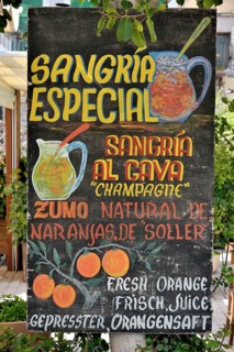 Sign for sangria outside a restaurant, Puerto de Sóller, Majorca, Balearic Islands, Spain, Europe