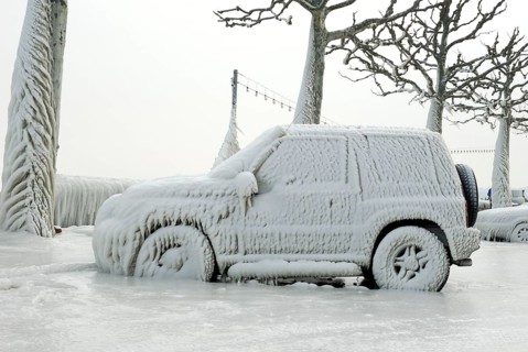 Car covered with ice, ice sheet, ice shield, Lake Geneva, Versoix, Canton Geneva, Switzerland,