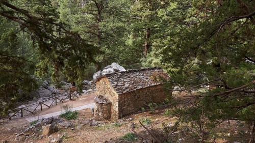 Rest area, Chapel Agios Nikolaos, Natural stone building, Trees, Samaria Gorge, Samaria, Gorge,