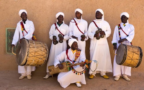 Morocco, traditional musicians with instruments, Pigeons du Sable group, Merzouga, Erg Chebbi