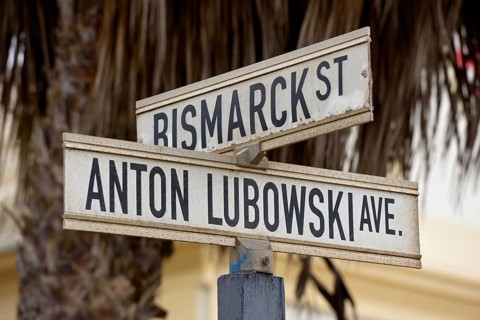 German road sign, Bismarck Straße, Swakopmund, Erongo region, Namibia, Africa