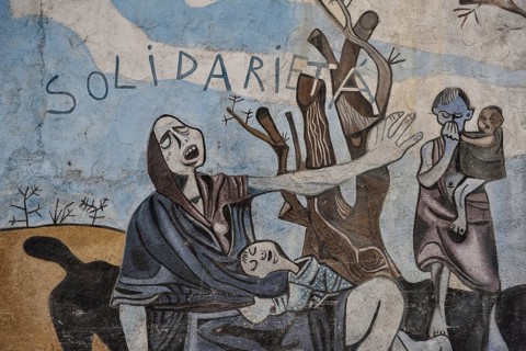 Political mural, cubism, solidarity, poverty, mother and child, Orgòsolo, Province of Nuoro,