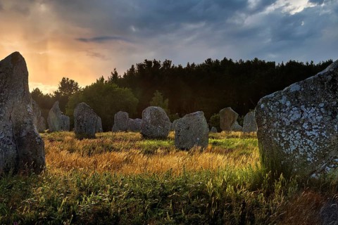 Menhirs near Carnac, megalithic culture, sunset, backlight, Brittany, France, Europe