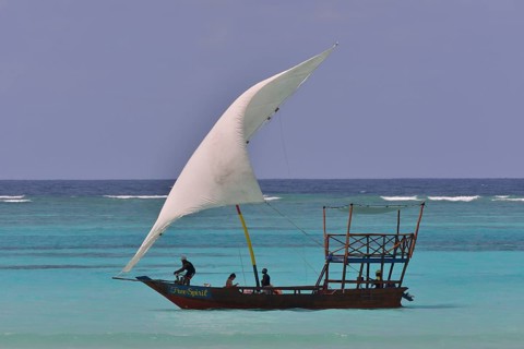 Dhow sailing on turquoise waters, Dongwe, Zanzibar, Tanzania, Africa