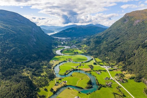 Meandering river Stryneelva, Stryn, Norway, Europe