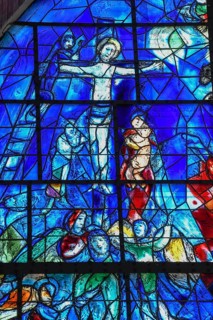 Detail Crucifixion of the stained glass window of La Paix, the Peace, by Marc Chagall, Chapelle des