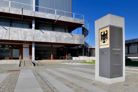 Sign with federal eagle at the Federal Constitutional Court, Karlsruhe, Baden-Württemberg, Germany,