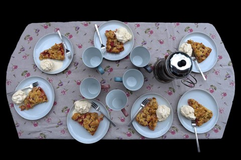 Coffee table with rhubarb cake and cream, Mecklenburg-Western Pomerania, Germany, Europe