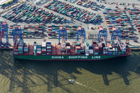 China Shipping Line container ship at Tollerort terminal, container, logistics, loading, unloading,