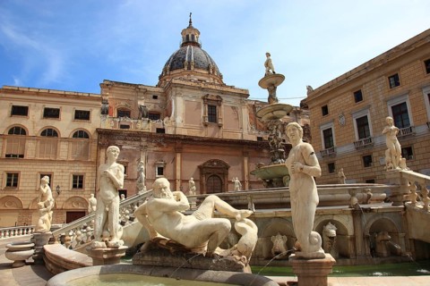 Old town of Palermo, Piazza Pretoria, figures of the Mannerist fountain Fontana Pretoria and in the