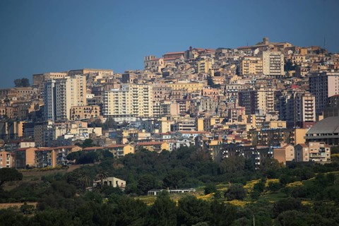 View of the town of Agrigento from the Valley of the Temples, Agrigento, Sicily, Italy, Europe